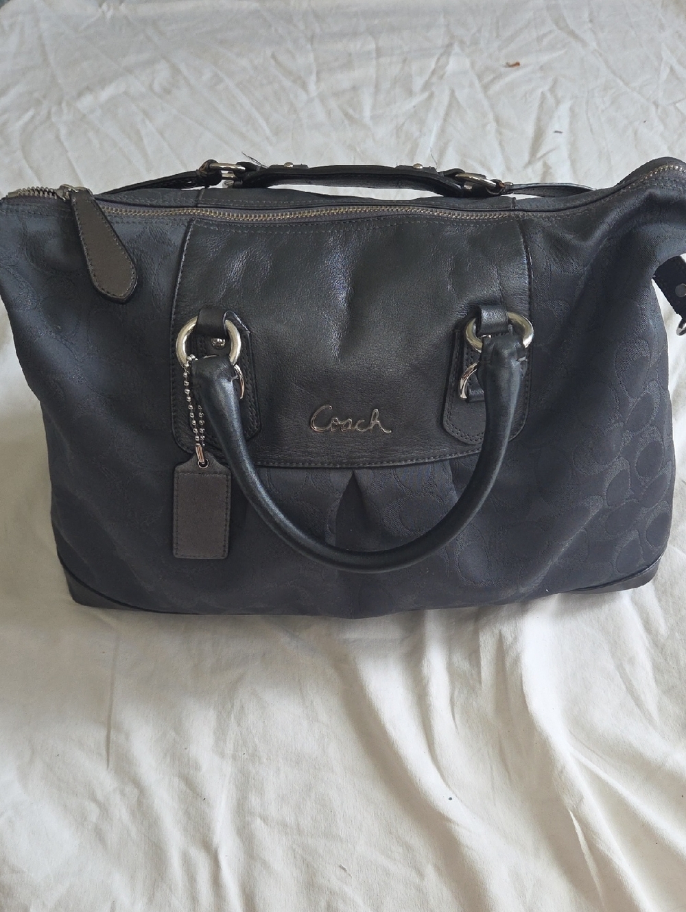 Coach Ashley Charcoal Gray Jacquard Signature Satchel Purse Purple Sateen Lined